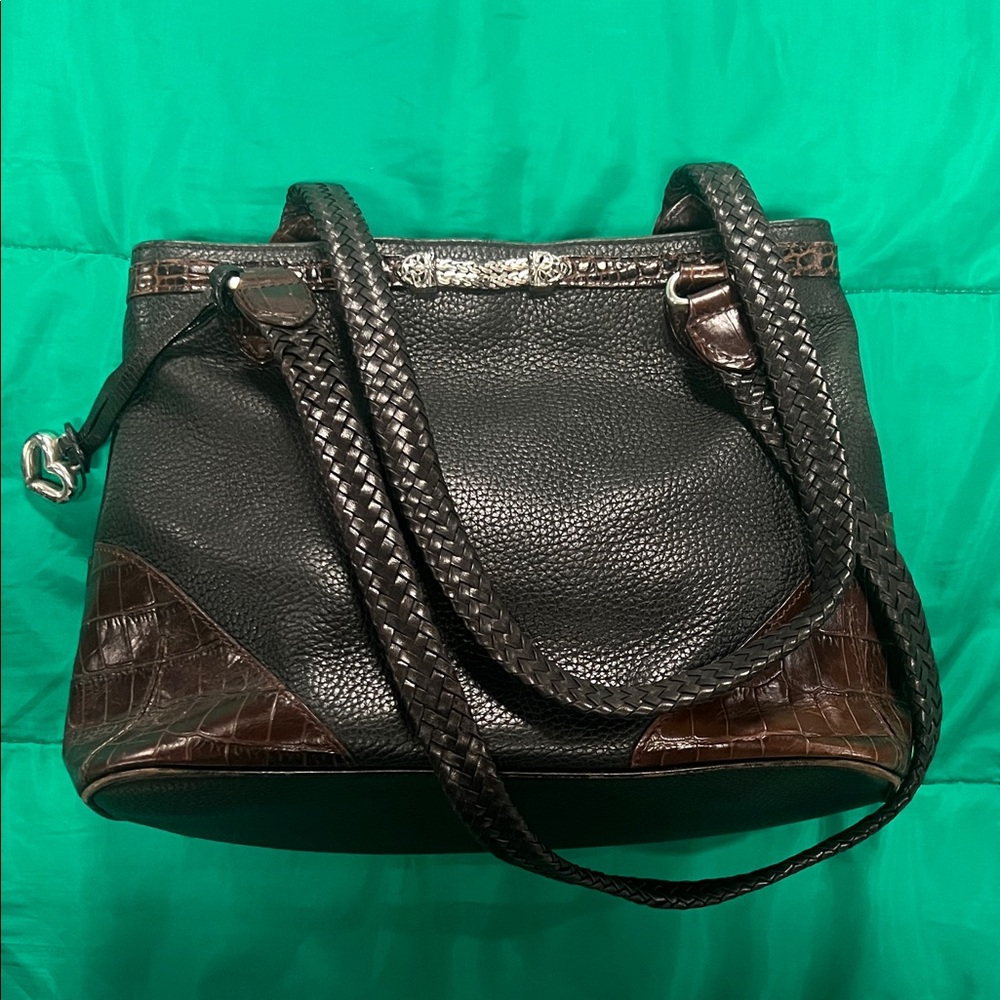 Brighton Black Shoulder Bag with Brown Croc-Trim